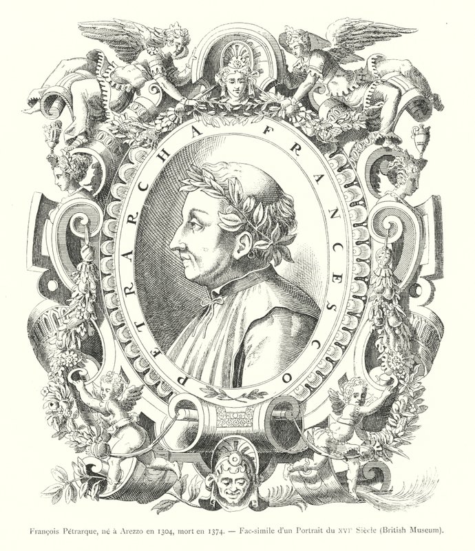 Francesco Petrarch, nascido em Arezzo em 1304, morreu em 1374, Facsimile de um Retrato do século XVI, Museu Britânico (gravura) de Italian School