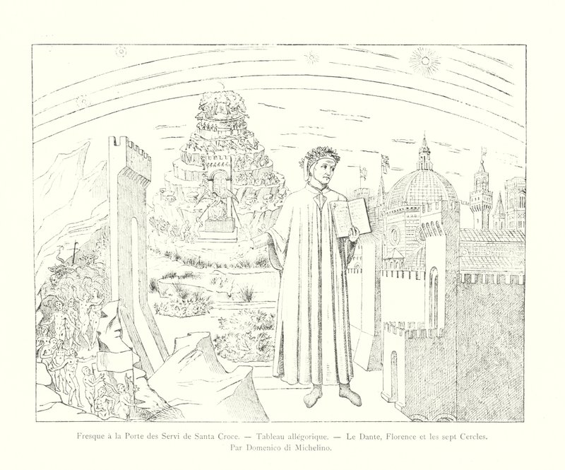 Fresco na Porta dei Servi em Santa Croce, pintura alegórica, Dante, Florença e os sete círculos, de Domenico di Michelino (gravura) de Italian School