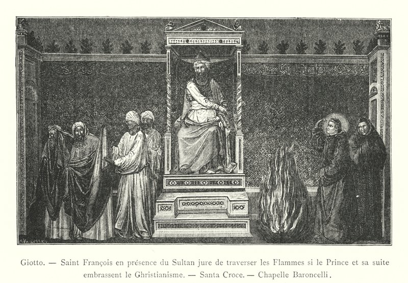 Giotto, São Francisco na presença do Sultão jura atravessar as chamas se o Príncipe e sua comitiva abraçarem o cristianismo, Santa Croce, Capela Baroncelli (gravura) de Italian School