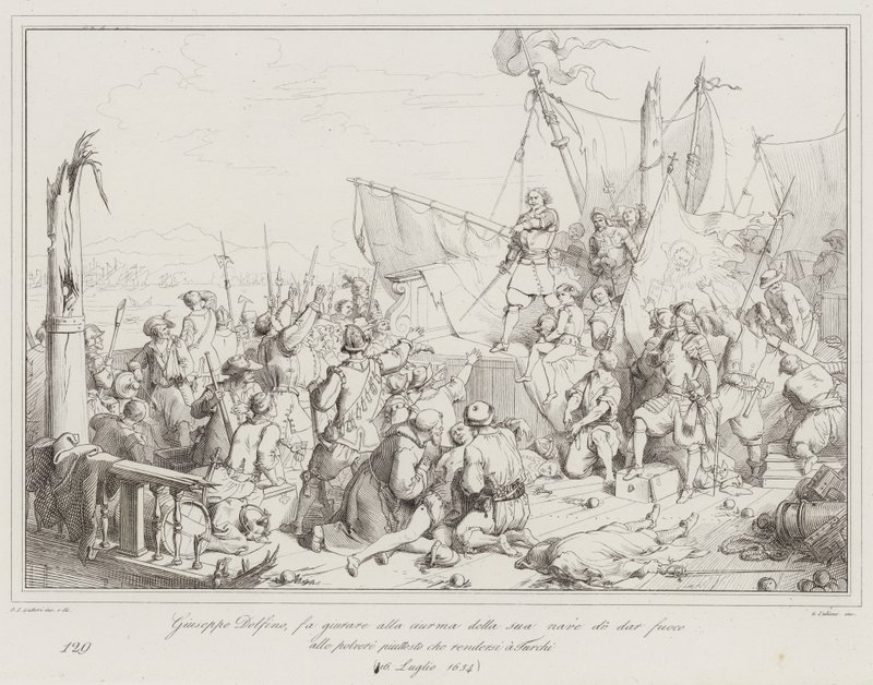Giuseppe Dolfino, faz a tripulação do seu navio jurar atear fogo aos pós em vez de (gravura) de Italian School