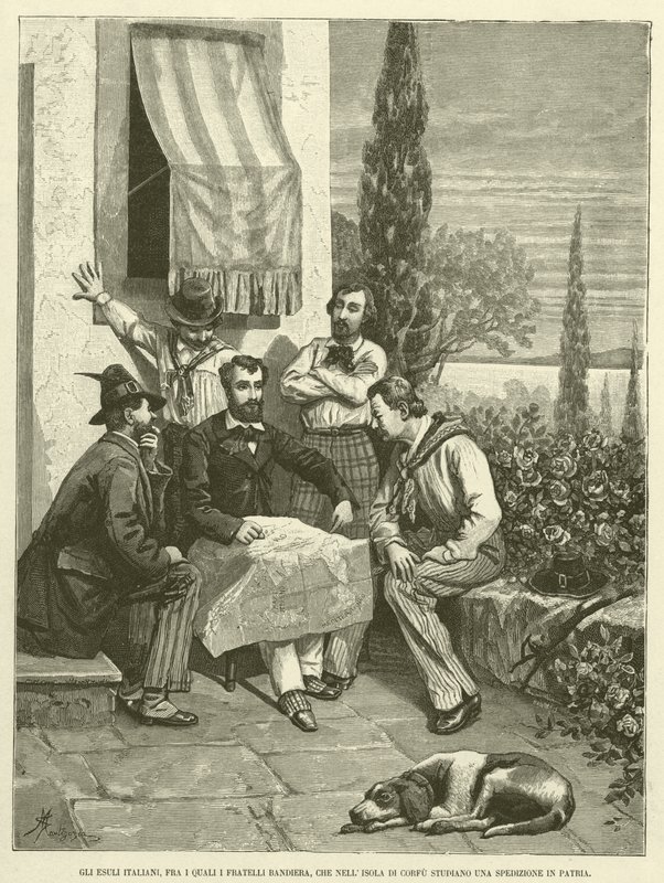 Os Exilados Italianos, entre os quais os Irmãos Bandiera, Estudando uma Expedição à Pátria na Ilha de Corfu (gravura) de Italian School