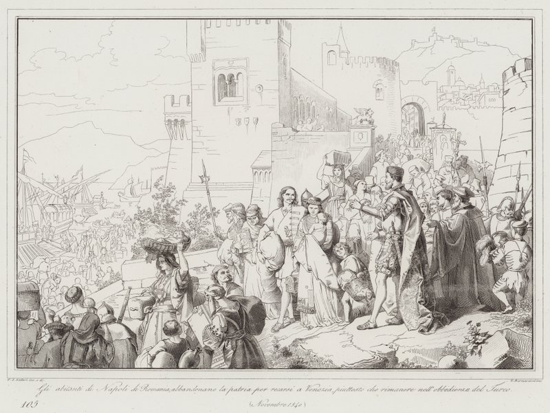 Os habitantes de Nápoles da Roménia abandonam a sua pátria para ir para Veneza, em vez de (gravura) de Italian School