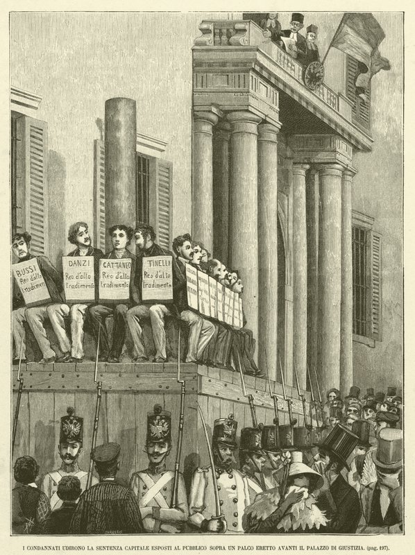 Os condenados ouvem a Sentença Capital Exposta ao Público em Palco Erguido em Frente ao Palácio da Justiça (gravura) de Italian School