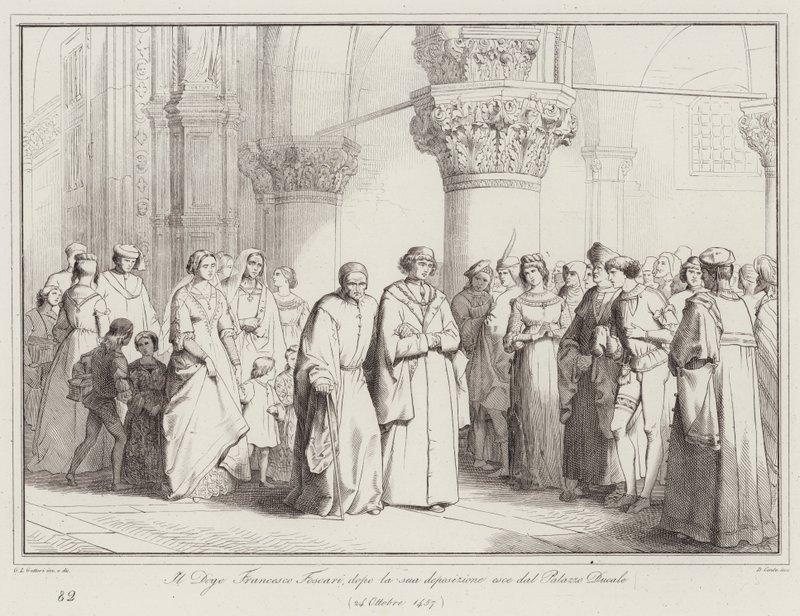 Doge Francesco Foscari deixa o Palácio dos Doges depois do seu depoimento de Italian School