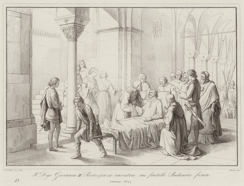 Doge Giovanni II Partecipazio encontra seu irmão ferido Badoario, 884 (gravura) de Italian School