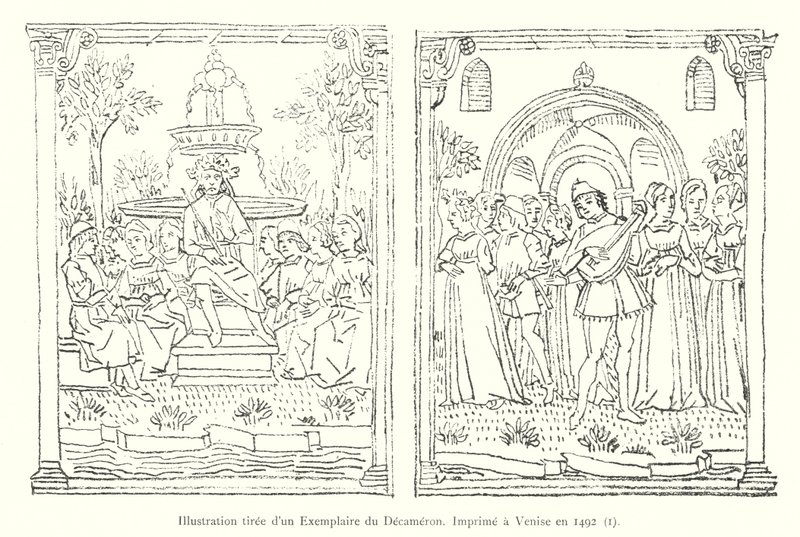 Ilustração de uma cópia do Decameron, impresso em Veneza em 1492, I (gravura) de Italian School