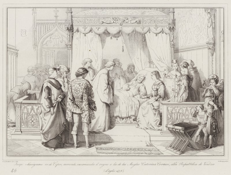 Jacopo Lusignano rei de Chipre, moribundo, recomenda o reino e sua esposa Caterina Cornaro (gravura) de Italian School