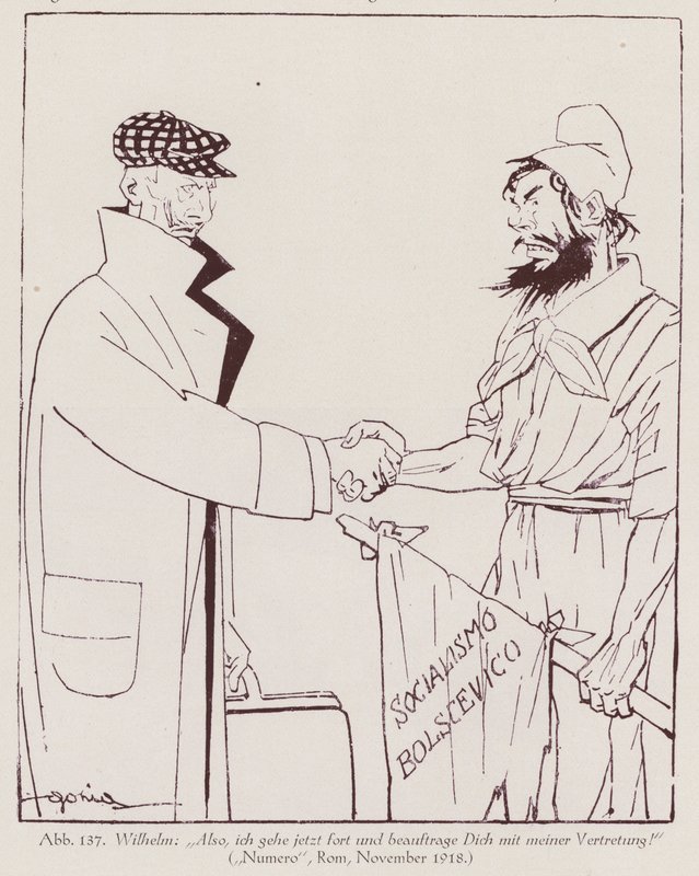 O Kaiser Wilhelm II entrega o poder ao socialismo bolchevique (litografia) de Italian School