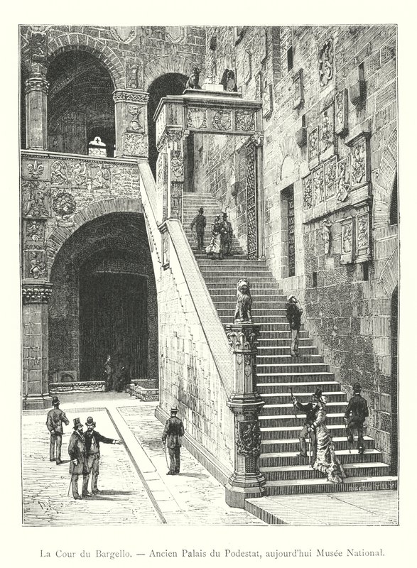 O Pátio do Bargello, antigo Palácio da Podestà, hoje Museu Nacional (gravura) de Italian School