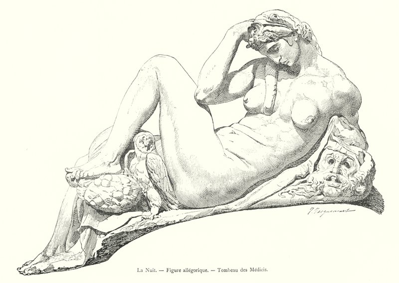 A Noite, figura alegórica, Tumba dos Médicis (gravura) de Italian School