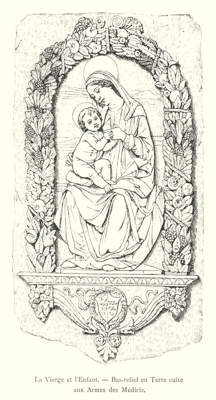 A Virgem e o Menino, Terracotta Bas-relief com o brasão dos Médicis (gravura) de Italian School
