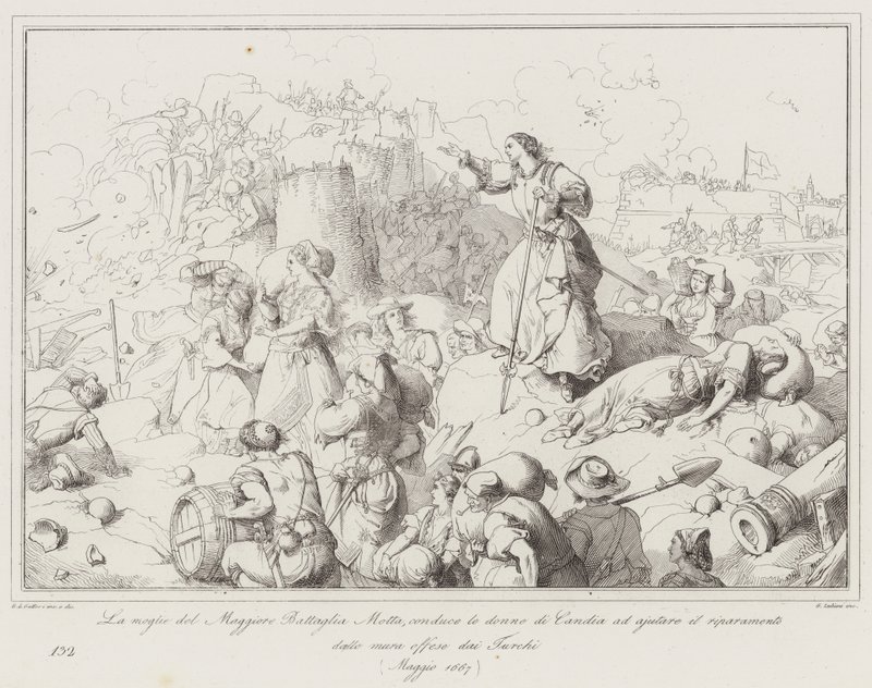 A esposa do Major Battaglia Motta, leva as mulheres de Candia a ajudar a reparar a (gravura) de Italian School