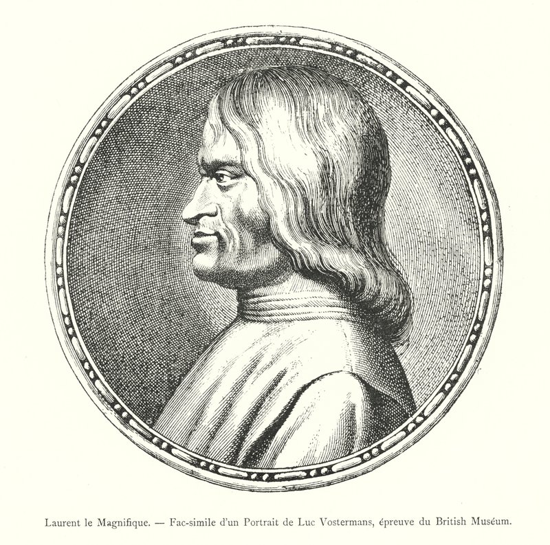 Lorenzo, o Magnífico, Fac-símile de um Retrato de Luc Vostermans, impressão do Museu Britânico (gravura) de Italian School