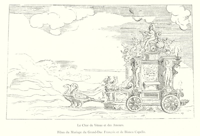 A Carruagem de Vénus e os Amantes, Festa de Casamento do Grão-Duque François e Bianca Capello (gravura) de Italian School