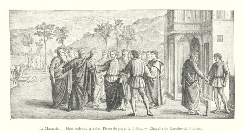 Masaccio, Jesus ordena a São Pedro que pague a Homenagem, Capela do Carmim em Florença (gravura) de Italian School