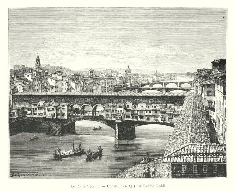A Ponte Vecchio, construída em 1345 por Taddeo Gaddi (gravura) de Italian School