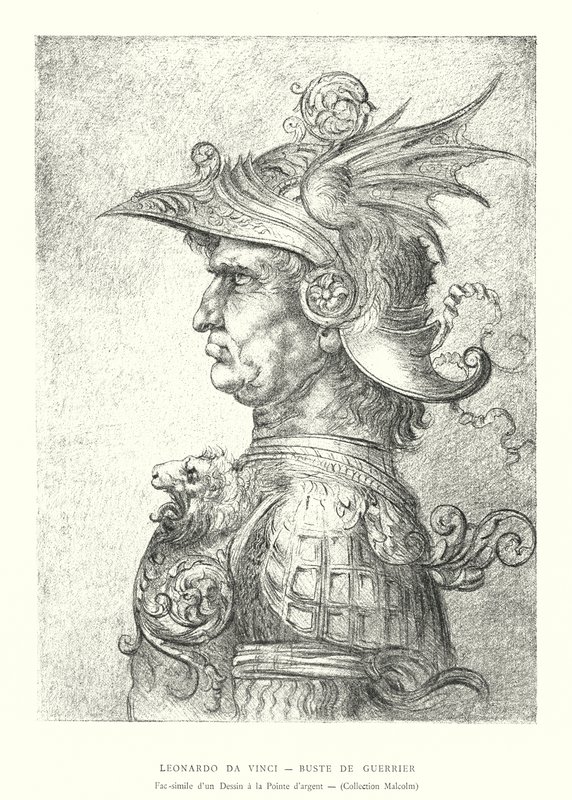 Leonardo da Vinci, Busto de um Guerreiro, Fac-símile de um Desenho em Ponta de Prata, Coleção Malcolm (gravura) de Italian School
