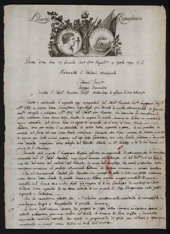 Carta em italiano, com uma representação da cabeça de Brutus o mais novo, uma mão ardente representando Gaius Mucius Scaevola, e o lema da Revolução Francesa de Italian School