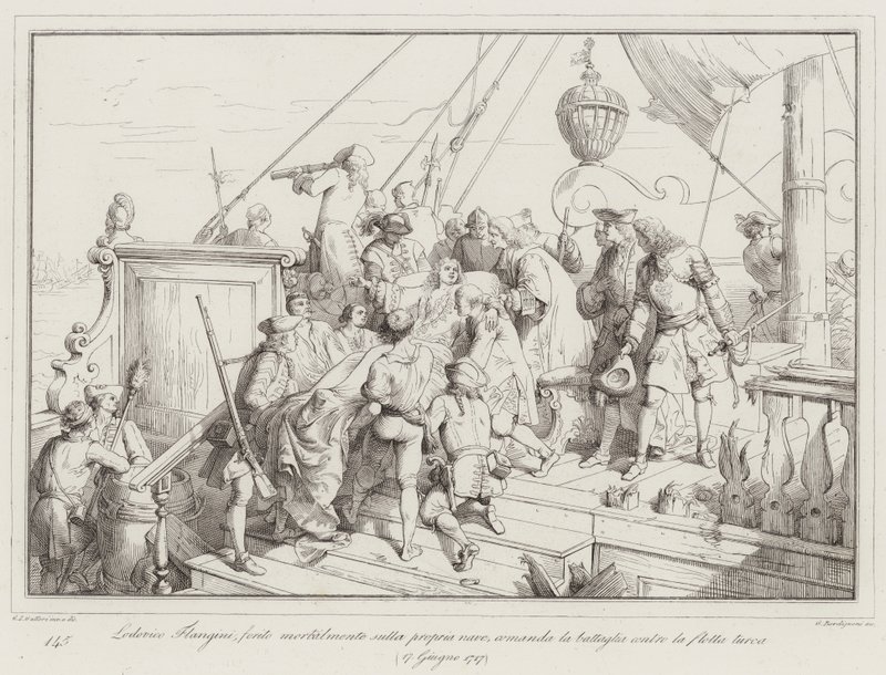 Lodovico Flangini, mortalmente ferido no seu próprio navio, comanda a batalha contra a frota turca. de Italian School
