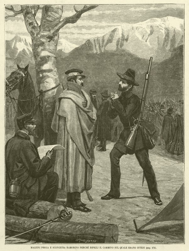 Mazzini reza e implora a Ramorino para retomar o caminho para o qual eles foram destinados (gravura) de Italian School