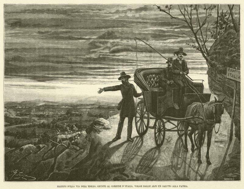 Mazzini a caminho do exílio, chegado à fronteira italiana, volta dos Alpes Uma saudação à pátria (gravura) de Italian School