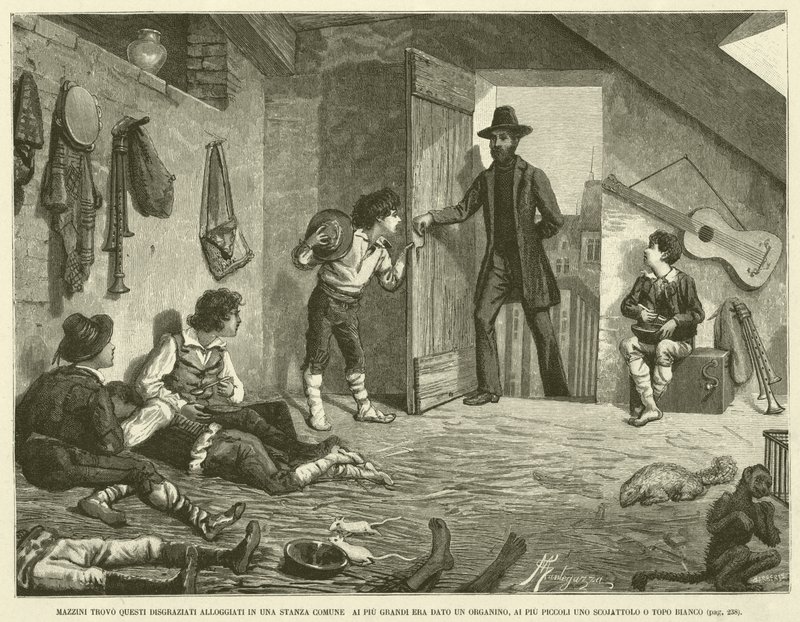 Mazzini encontrou estes infelizes alojados numa sala comum Os mais velhos receberam um órgão, os mais novos um esquilo ou um rato branco (gravura) de Italian School