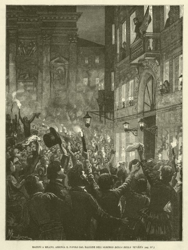 Mazzini em Milão, Haranguing the People from the Balcony of the Bella Venezia Hotel (gravura) de Italian School