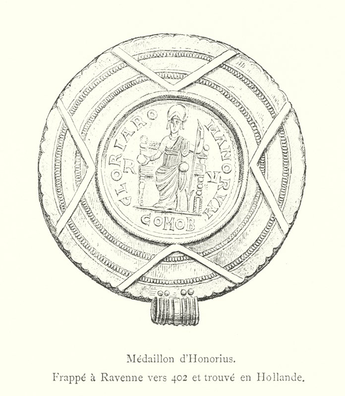 Medalhão de Honório, atingido em Ravenna por volta de 402 e encontrado na Holanda (gravura) de Italian School