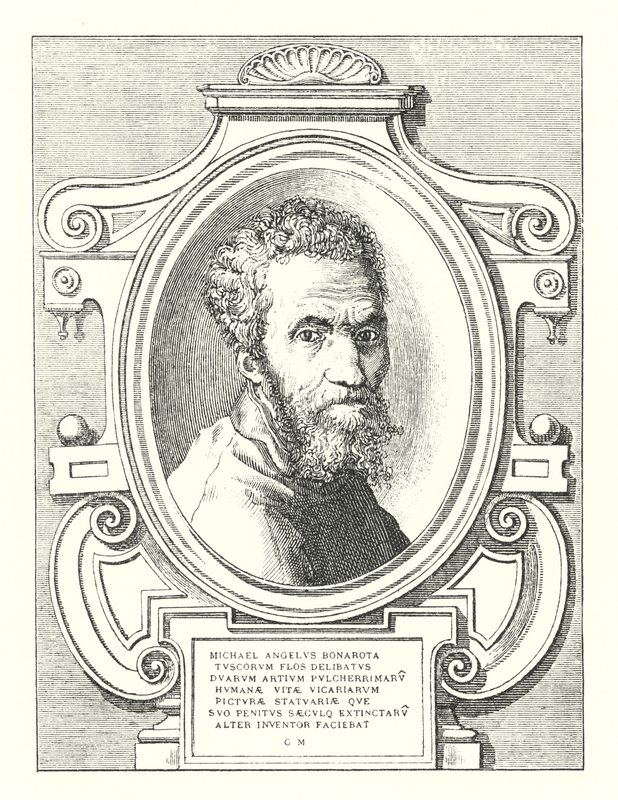 Michael Angelus Bonarota Tuscorum Flos Delibatus Duarum Artium Pulcherrimaru Humanae Vitae Vicariarum Picturae Statuariae Que Suo Penitus Saeculq Extinctaru Alter Inventor Faciebat (gravura) de Italian School