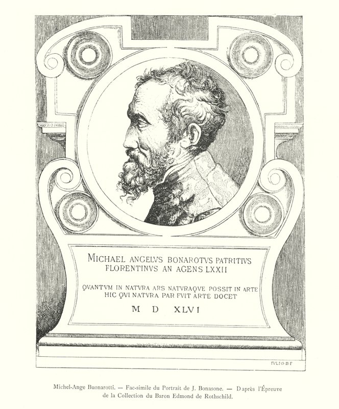Michelangelo Buonarotti, Fac-símile do Retrato de J Bonasone, Da Prova da Coleção do Barão Edmond de Rothschild (gravura) de Italian School