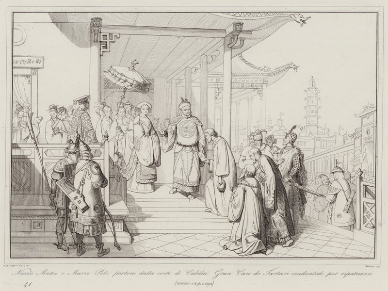 Nicolo Matteo e Marco Polo deixam a corte de Cubilai Gran Can de Tartari para se repatriarem de Italian School