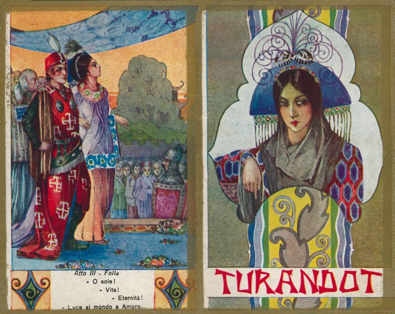 Uma de um conjunto de ilustrações da ópera Turandot de Puccini (litografia a cores) de Italian School