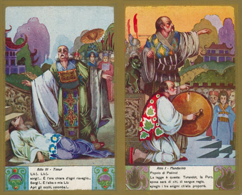 Uma de um conjunto de ilustrações da ópera Turandot de Puccini (litografia a cores) de Italian School