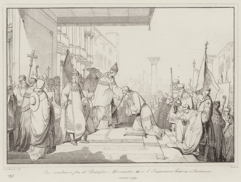 Paz concluída entre o Papa Alexandre III e o Imperador Frederico I Barbarossa de Italian School