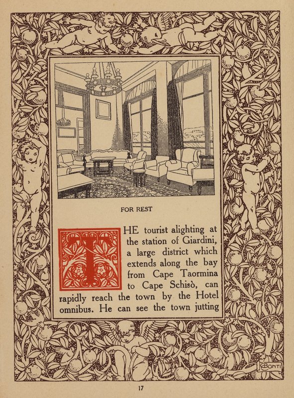 Página da brochura do San Domenico Palace Hotel, Taormina (litografia) de Italian School