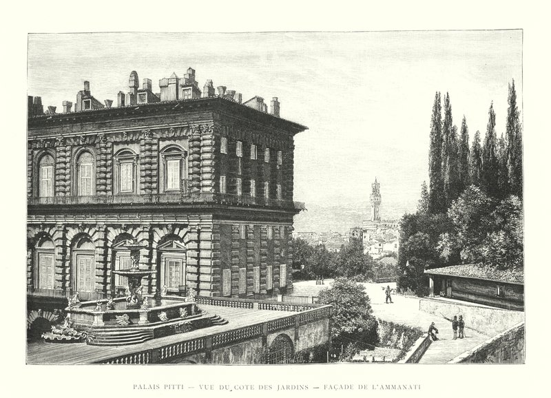 Palácio Pitti, Vista dos Jardins, Fachada dos Ammanati (gravura) de Italian School