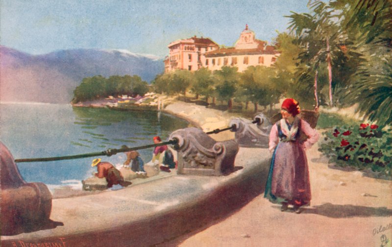 Pallanza, Lago Maggiore, Itália (litografia a cores) de Italian School