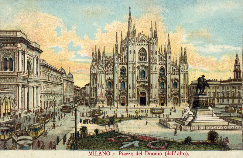 Piazza del Duomo, Milão (litografia a cores) de Italian School