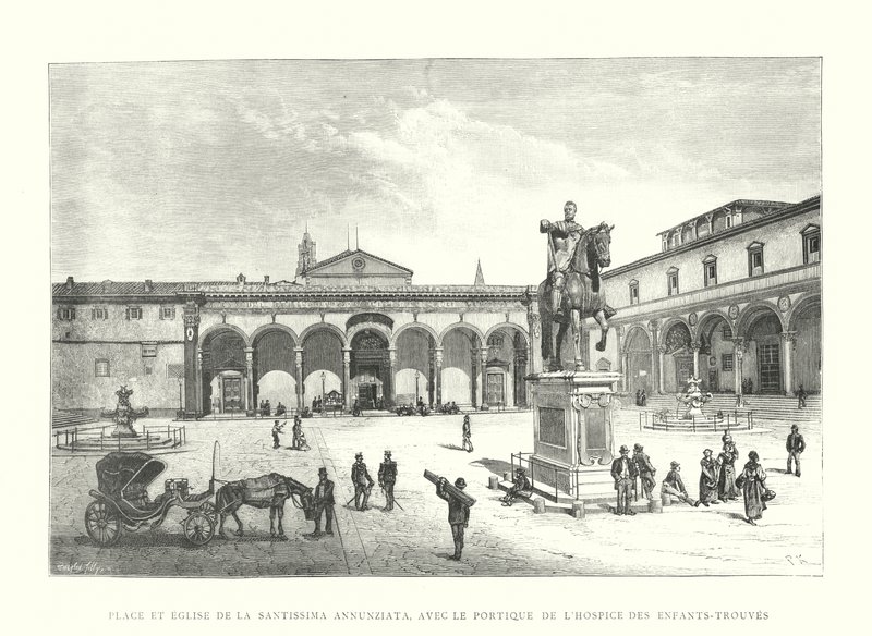 Piazza e Igreja da Santissima Annunziata, com o Pórtico do Hospício das Crianças (gravura) de Italian School