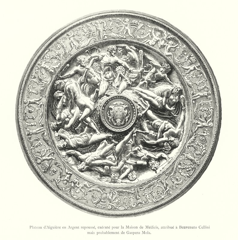 Bandeja Aiguiere em prata, executada para a Casa dos Médicis, atribuída a Benvenuto Cellini mas provavelmente por Gaspero Mola (gravura) de Italian School
