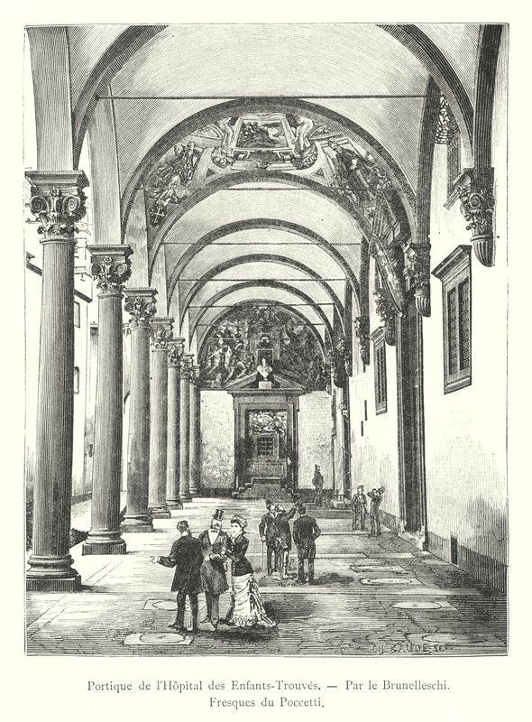 Pórtico do Hospital das Crianças, de Brunelleschi, frescos Poccetti (gravura) de Italian School