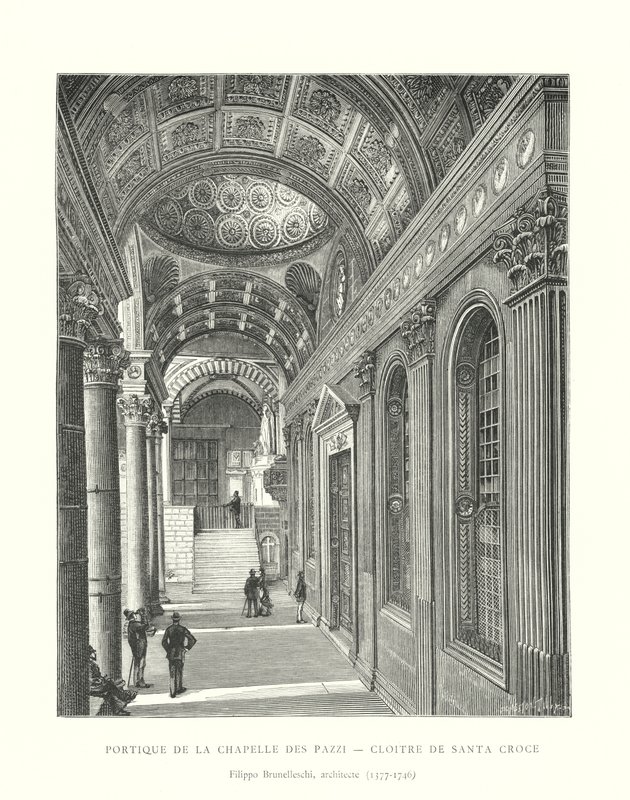Pórtico da Capela Pazzi, Claustro de Santa Croce, Filippo Brunelleschi, arquitecto de Italian School