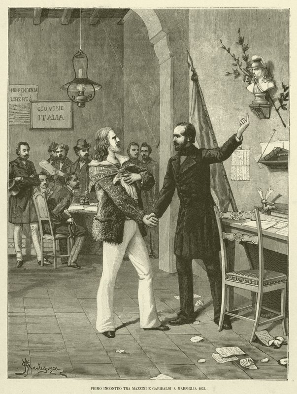 Primeiro encontro entre Mazzini e Garibaldi em Marselha 1833 (gravura) de Italian School