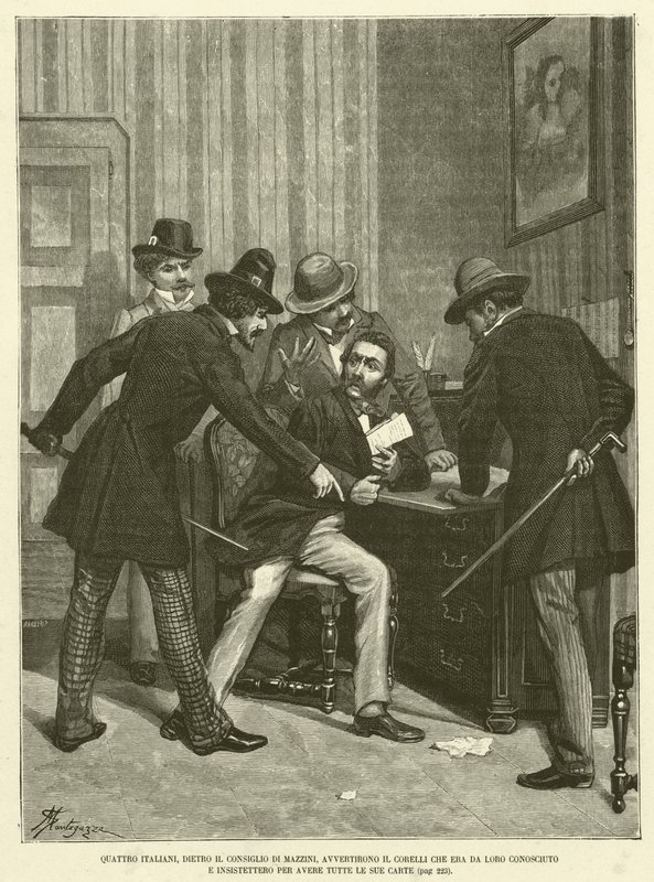 Quatro italianos, por trás do conselho de Mazzini, avisaram Corelli que ele era conhecido por eles e insistiram em ter todos os seus documentos (gravura) de Italian School