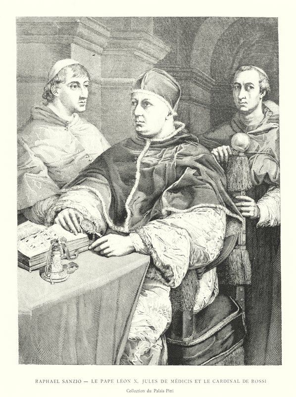 Raphael Sanzio, Papa León X, Julius de Medici e Cardeal de Rossi, Coleção Pitti Palace (gravura) de Italian School