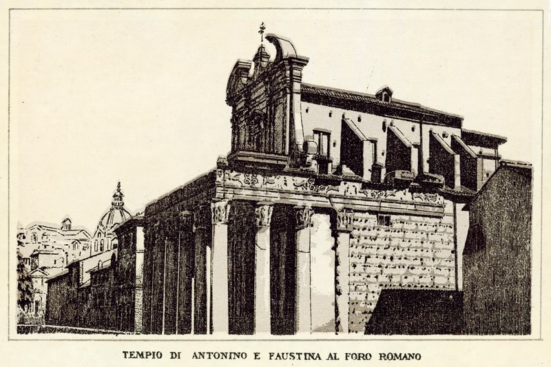 Roma: Templo de Antoninus e Faustina no Fórum Romano (litho) de Italian School
