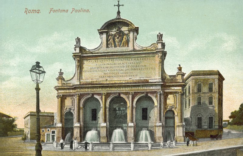 Roma, Itália, Fontana Paolina (litografia a cores) de Italian School