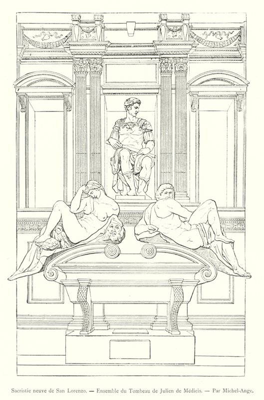 Nova Sacristia de São Lourenço, Túmulo de Giuliano dei Medici, de Michelangelo (gravura) de Italian School