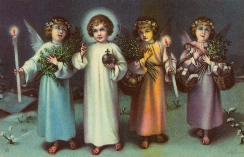Santo e anjos (litografia a cores) de Italian School