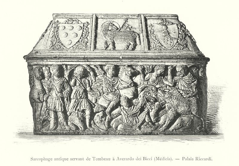 Antigo sarcófago servindo como túmulo para Averardo dei Bicci, Medici, Palazzo Riccardi (gravura) de Italian School